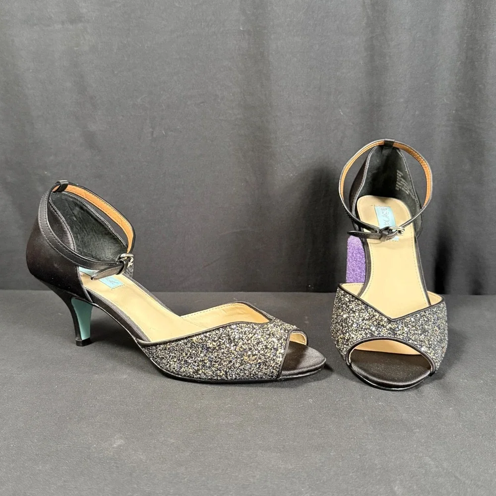 Betsey Johnson SB-RITA Black Glitter Peep Toe Kitten Heels Pumps Womens 8.5M